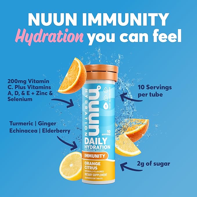 Nuun Hydration Immunity Electrolyte Tablets With 200mg Vitamin C, Orange Citrus, 5 Essential Electrolytes for Hydration, Ginger & Turmeric, Vegan, Non-GMO, 8 Pack (80 Servings)