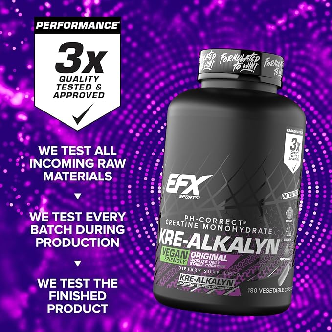 EFX Sports Kre-Alkalyn EFX | pH Correct Creatine Monohydrate Pill Supplement | Vegan Friendly | Strength & Muscle Growth | 90 Servings, 180 Veggie Capsules (Pack of 2)