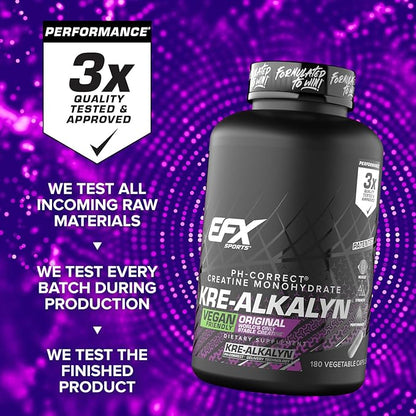 EFX Sports Kre-Alkalyn EFX | pH Correct Creatine Monohydrate Pill Supplement | Vegan Friendly | Strength & Muscle Growth | 90 Servings, 180 Veggie Capsules (Pack of 2)