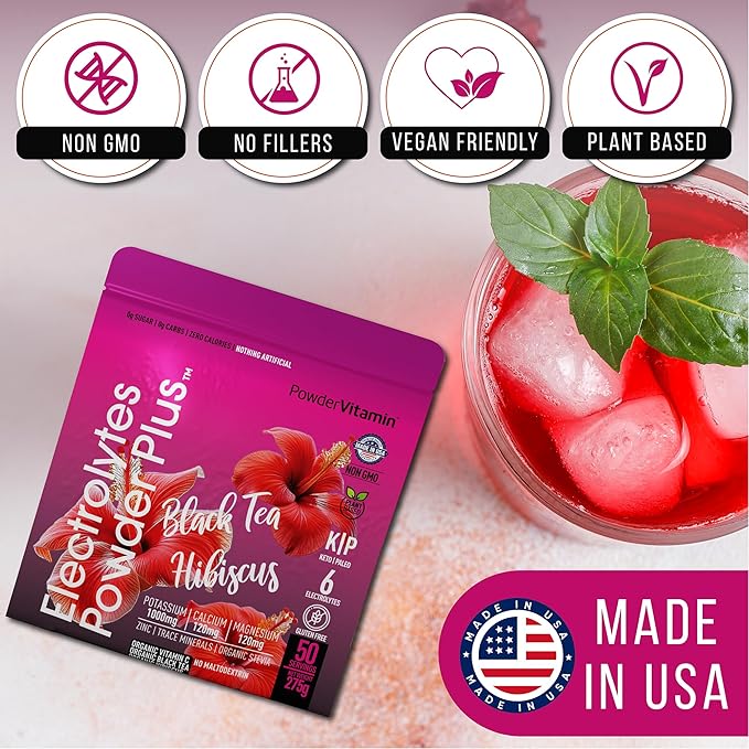 Electrolytes Powder Plus (50 Servings) Black Tea Hibiscus Electrolyte Powder Keto, Sugar Free, Pink Himalayan Salt,1000mg Potassium,120mg Calcium,120mg Magnesium, Hydration Powder