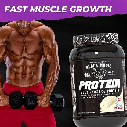 Worldwide Nutrition Black Magic Multi-Source Protein Powder - Whey, Egg Albumin Enzymes, Micellar Casein & MCTs - Muscle Mass Gaining - French Vanilla Flavor - 2 LB with Bonus Multi Purpose Key Chain