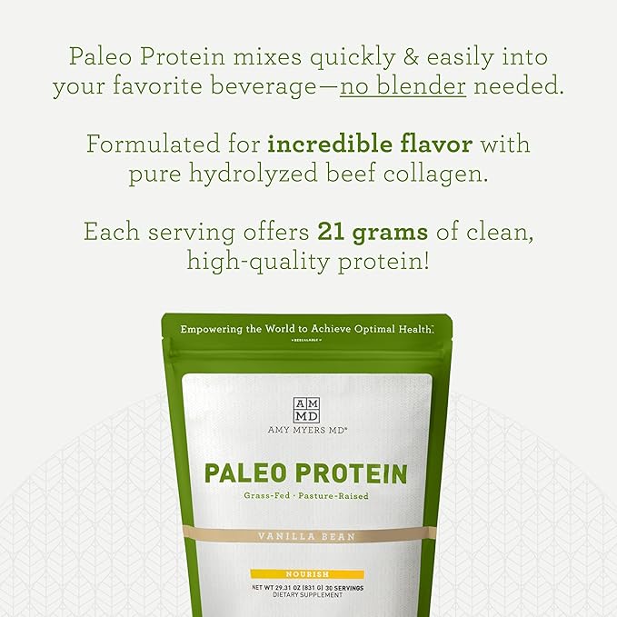 Amy Myers MD Pure Paleo Protein Powder - Clean Grass Fed Pasture Raised Protein - Hormone Free, Non-GMO, Gluten & Dairy Free - Perfect for Keto and Paleo - Vanilla Bean- 29.31 oz (831 g)