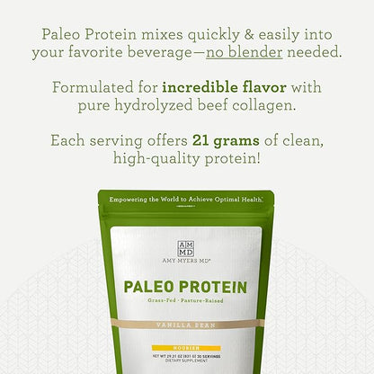 Amy Myers MD Pure Paleo Protein Powder - Clean Grass Fed Pasture Raised Protein - Hormone Free, Non-GMO, Gluten & Dairy Free - Perfect for Keto and Paleo - Vanilla Bean- 29.31 oz (831 g)