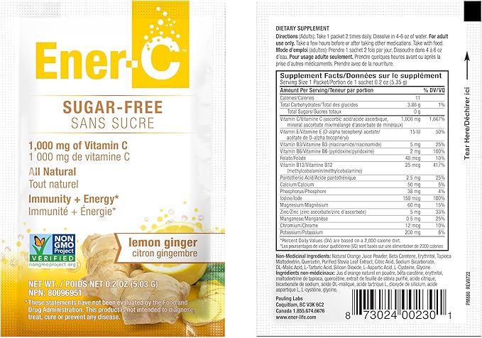 Ener-C Sugar Free Energy Lemon Ginger Multivitamin Drink Mix Vitamin C 1000mg & Electrolytes - Natural Immunity Support with Real Fruit Juice Powders - Non-GMO Vegan & Gluten Free - 60 Count