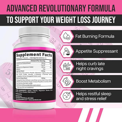 Fat Burners for Women Weight Loss - Night Time Fat Burner with Carb Blocker & Appetite Suppressant - Belly Fat Burner & Thermogenic Metabolism Booster - NSF Approved, 60 Capsules