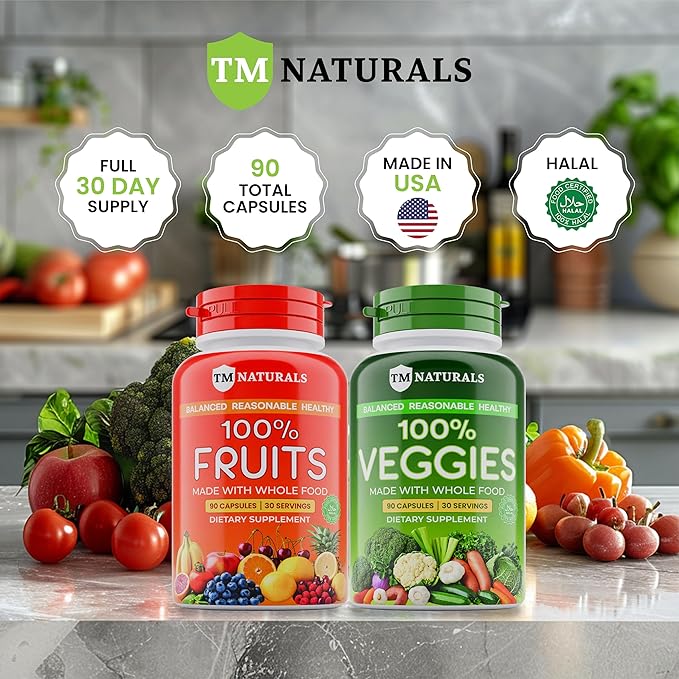 Fruit and Veggies Supplement - Super Greens Men's and Women's Multivitamin -90 Fruit and 90 Vegetables Capsules - Boost High Protein & Energy - 90 Count (Pack of 2) + Travel Size Pill Box