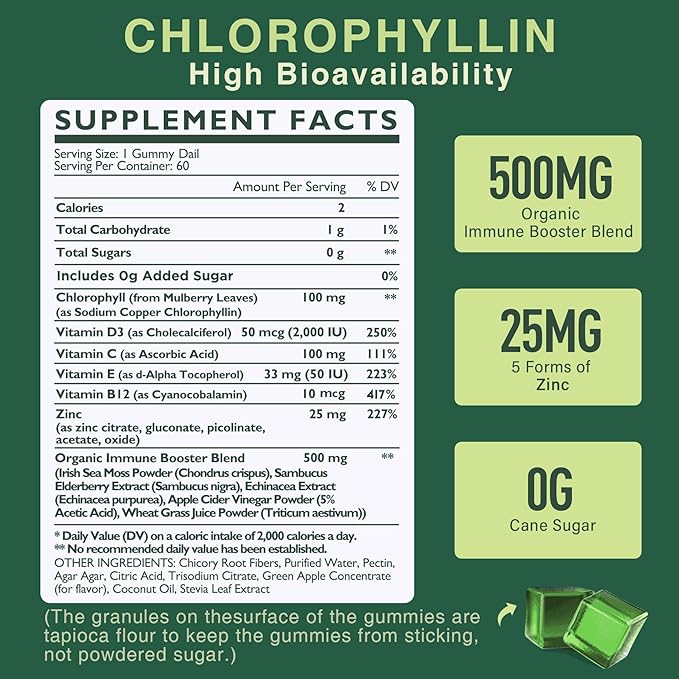 Sugar Free Chlorophyll Gummies - with Unfiltered ACV, Sea Moss & Elderberry, Echinacea, Vitamin D3, C, E, B12 - Natural Deodorant, Breathe Fresh, Immune & Digestion Support, Chlorophyll Chews 2Pack