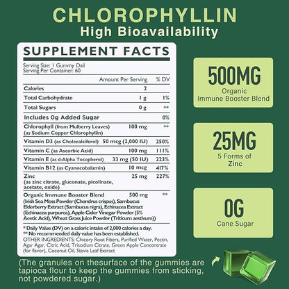 Sugar Free Chlorophyll Gummies - with Unfiltered ACV, Sea Moss & Elderberry, Echinacea, Vitamin D3, C, E, B12 - Natural Deodorant, Breathe Fresh, Immune & Digestion Support, Chlorophyll Chews 2Pack