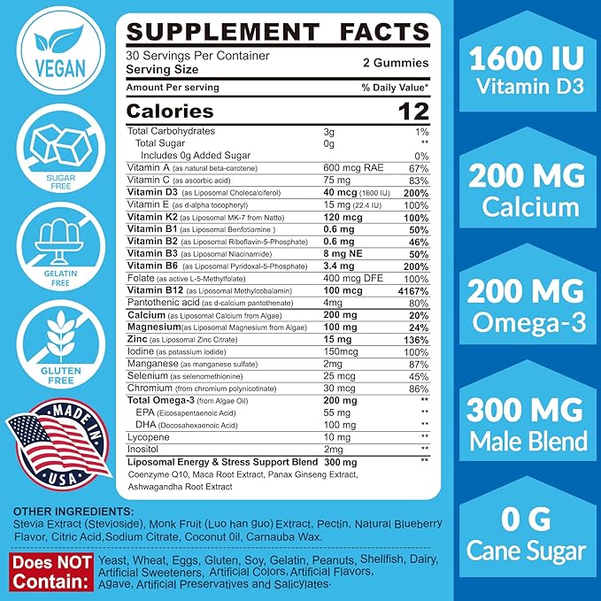 Multivitamin for Men Gummies, Vitamins A C D3 K2 E B, Zinc, Vegan Omega 3, CoQ10, Calcium, Magnesium, Lycopene - Liposomal Mens Methylated Vitamins, Energy, Immunity, Bone - Sugar Free, Vegan, 120 Cts