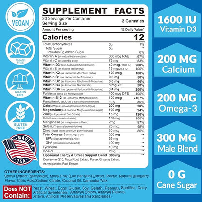 Multivitamin for Men Gummies, Vitamins A C D3 K2 E B, Zinc, Vegan Omega 3, CoQ10, Calcium, Magnesium, Lycopene - Liposomal Mens Methylated Vitamins, Energy, Immunity, Bone - Sugar Free, Vegan, 120 Cts