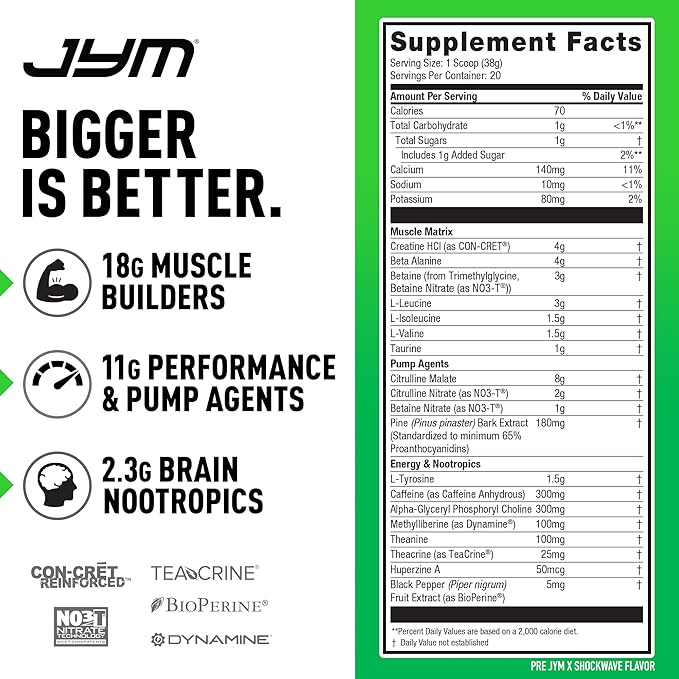 Pre JYM X Shockwave Advanced Pre-Workout Powder Massive Pumps, Citrulline Nitrate, Dynamine, NO3T Betaine, BCAA’s, Nootropics, Creatine, Beta-Alanine, JYM Supplement Science, 20 Servings
