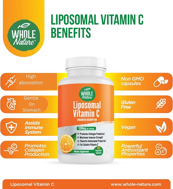 Liposomal Vitamin C Supplement Pills 1200 mg - High Absorption 180 Vegan Capsules Fat Soluble VIT C, Maximum Strength Immune System and Collagen Booster, Sunflower Lecithin