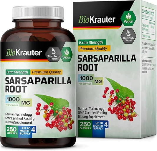 BIO KRAUTER Sarsaparilla Root Capsules - 1000 mg Pure Sarsaparilla Extract Capsules - 250 Vegan Sarsaparilla Root Powder Caps - Sarsaparilla Herb Supplement
