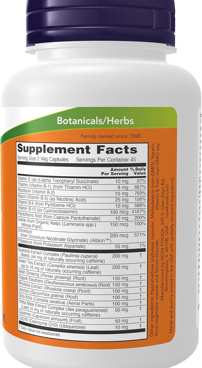 NOW Foods Supplements, Energy Dietary Supplement (lncludes B Vitamins, Green tea, Panax Ginseng and Rhodiola), 90 Capsules