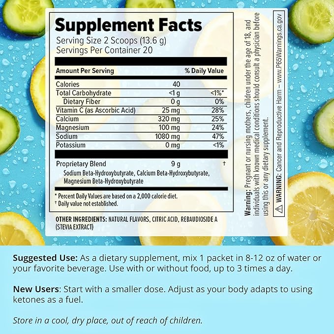 Dr. Boz - Keto BHB Powder - Cucumber Lemon, 20 Packets - Ketones Drink - Increase Energy & Reduce Cravings - Max Strength Dietary Supplement - Quality Tested - Made in The USA - 10.9oz (310g)