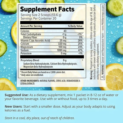 Dr. Boz - Keto BHB Powder - Cucumber Lemon, 20 Packets - Ketones Drink - Increase Energy & Reduce Cravings - Max Strength Dietary Supplement - Quality Tested - Made in The USA - 10.9oz (310g)