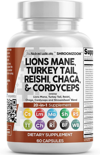 Clean Nutraceuticals Lions Mane 20in1 Mushroom Supplement with Turkey Tail Reishi Cordyceps Chaga Maitake Meshima Poria Cocos Shiitake Oyster Porcini Enoki - Pack
