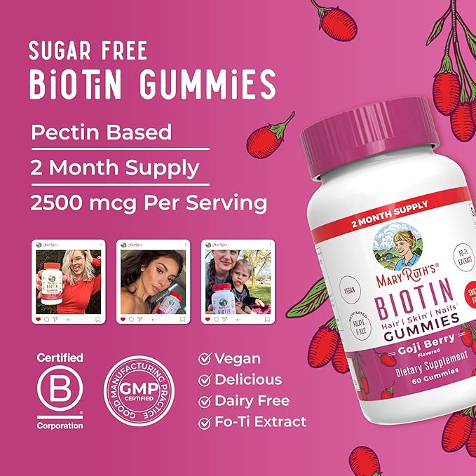 MaryRuth Organics Biotin Gummies | Sugar Free | Vegan | Non-GMO | 2,500 mcg Biotin Supplement | Hair Skin and Nails Vitamins | Hair Growth Vitamins | Hair Growth Supplement | 60 Count