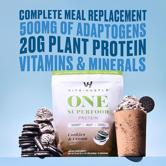 VitaHustle ONE - Superfood Meal Replacement Shake, Plant Based Protein Powder, Vegan. 86 Superfoods, Vitamins, & Minerals, Ashwagandha, Adaptogens. Founded by Kevin Hart. (Cookies & Cream) 15 Servings