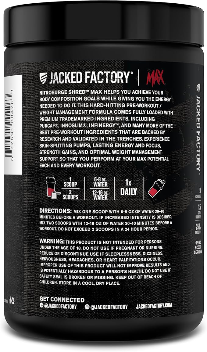 Jacked Factory Nitrosurge Shred Max Preworkout - High-Performance Thermogenic Pre Workout Powder for Men and Women with L Citrulline, Acetyl L Carnitine, Organic Caffeine - 40 Servings, Cherry Bomb
