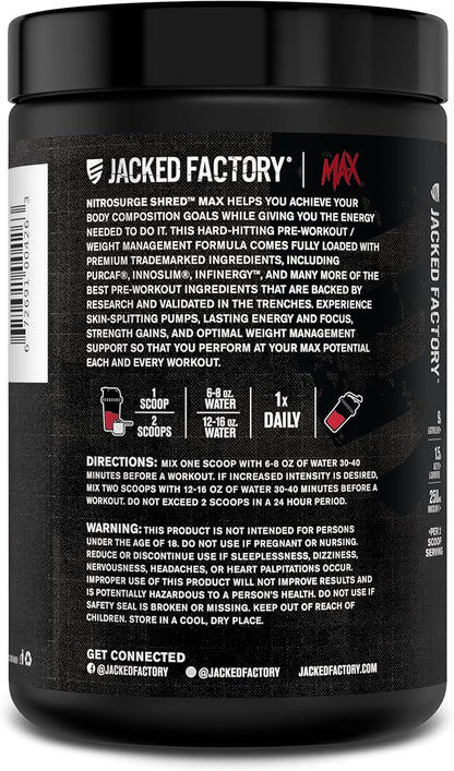 Jacked Factory Nitrosurge Shred Max Preworkout - High-Performance Thermogenic Pre Workout Powder for Men and Women with L Citrulline, Acetyl L Carnitine, Organic Caffeine - 40 Servings, Cherry Bomb