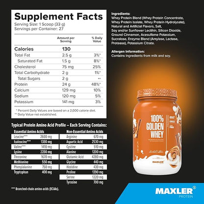 Maxler 100% Golden Whey Protein - 24g of Protein per Serving - Premium Whey Protein Powder for Pre Post Workout - Fast-Absorbing Whey Concentrate, Isolate & Hydrolysate Blend - Cinnamon Bun 2 lbs