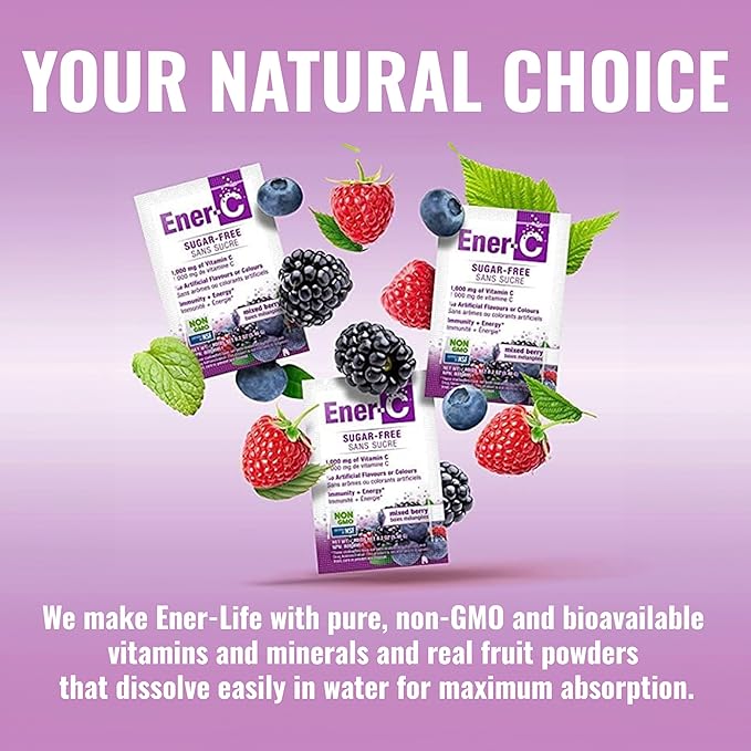 Ener-C Sugar Free Energy Mixed Berry Multivitamin Drink Mix Vitamin C 1000mg & Electrolytes - Natural Immunity Support with Real Fruit Juice Powders Non-GMO Vegan & Gluten Free - 30 Count