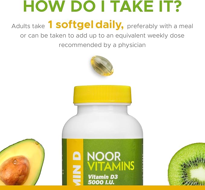 Noor Vitamins Halal Vitamin D, Halal Vitamin D3, 5000 IU Softgels, Supports Bone, Immune & Heart Health, from Safflower Oil to Maximize Absorption, Non-GMO, Gluten Free & Halal (60 Count)…