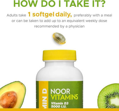Noor Vitamins Halal Vitamin D, Halal Vitamin D3, 5000 IU Softgels, Supports Bone, Immune & Heart Health, from Safflower Oil to Maximize Absorption, Non-GMO, Gluten Free & Halal (60 Count)…