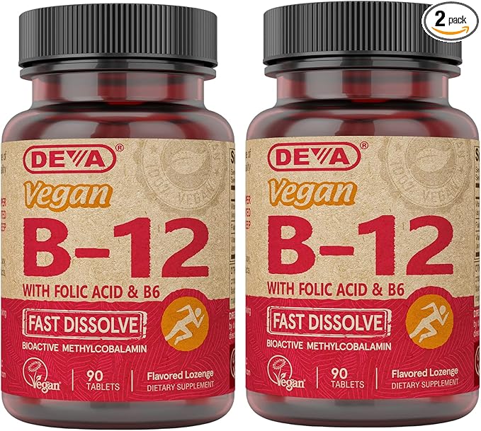 DEVA Vegan Vitamin B12 Fast Dissolve Supplement - Once-Per-Day Complex with 1000 Mcg Methylcobalamin B12, Folic Acid, B6 - Lemon Flavor - 90 Dissolvable Tablets, 2-Pack