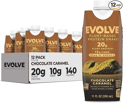 Evolve Plant Based Protein Shake, Chocolate Caramel, 20g Vegan Protein, Dairy Free, No Artificial Sweeteners, Non-GMO, 10g Fiber, 11oz, (12 Pack)