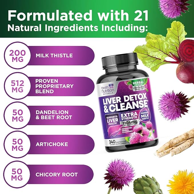 Gentle Liver Cleanse Detox & Repair Formula - Herbal Liver Support Supplement: Milk Thistle with Silymarin, Artichoke Extract, Dandelion, Beet, Chicory Root, & Turmeric for Liver Health - 240 Capsules