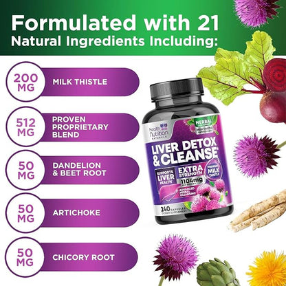 Gentle Liver Cleanse Detox & Repair Formula - Herbal Liver Support Supplement: Milk Thistle with Silymarin, Artichoke Extract, Dandelion, Beet, Chicory Root, & Turmeric for Liver Health - 240 Capsules