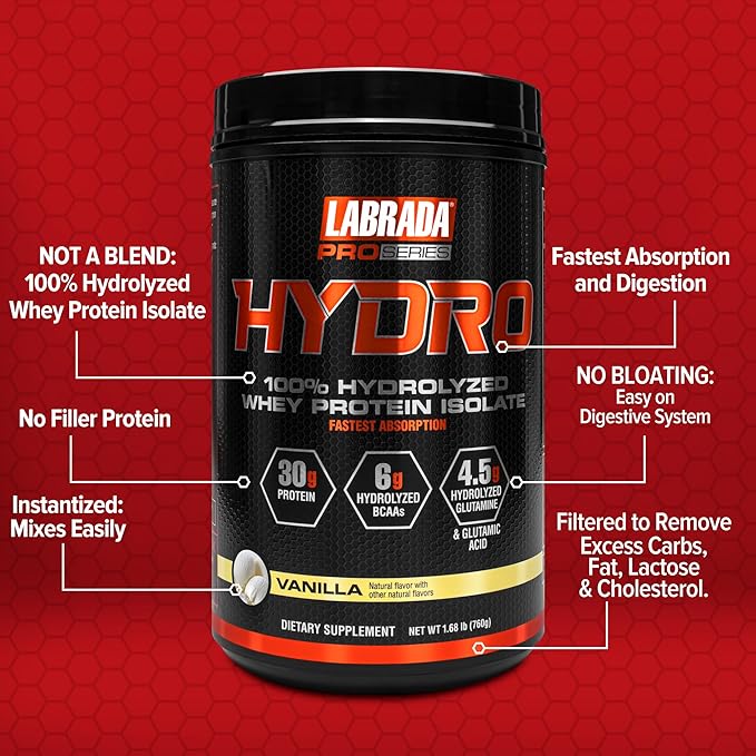 Labrada Hydro 100% Pure Hydrolyzed Whey Protein Isolate Powder, Lactose Free, 6g BCAA’s, 4.5g Glutamine, Fastest Digesting Whey Available, Instant Mixing, Delicious Taste 20 Servings (Vanilla)