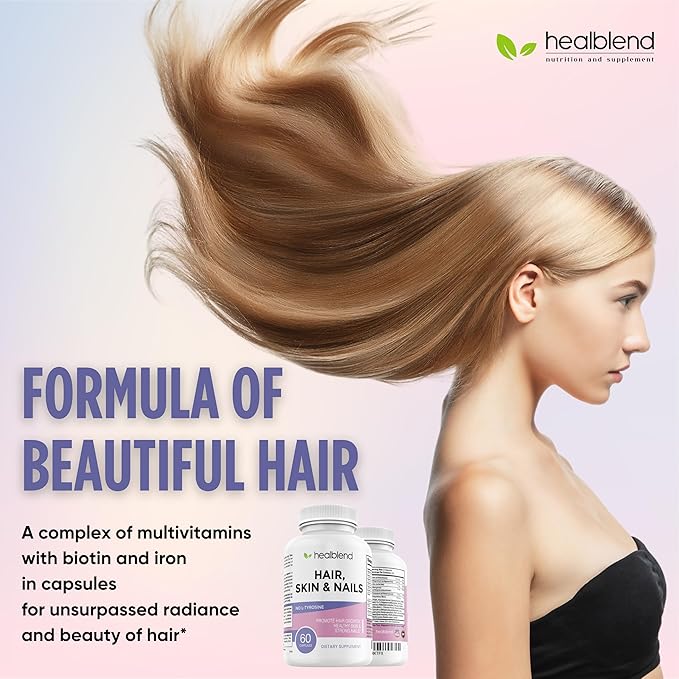healblend Hair Skin and Nails Vitamins for Women with Biotin 5000 mcg, Iron and Manganese | Vegan, Non-GMO | 60 Capsules