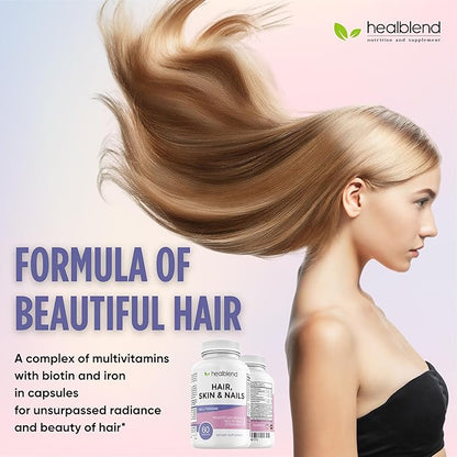 healblend Hair Skin and Nails Vitamins for Women with Biotin 5000 mcg, Iron and Manganese | Vegan, Non-GMO | 60 Capsules