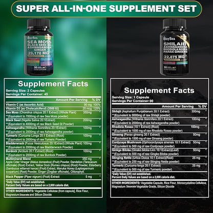 Boysea.Sea Moss and shilajit Bundle - 90 Count - Sea Moss 7000mg, Black Seed Oil 4000mg, Ashwagandha 2000mg, Ginger & Shilajit 9000mg, Rhodiola Rosea 1000mg, All in 1 Supplements (1 Pack)