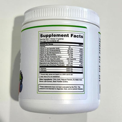 L-Arginine 5000mg + L-Citrulline 2000mg Complex Powder Supplement - Nitric Oxide Booster - Heart Health, Blood Flow, Energy & Endurance - 30 Servings (Berry Blend)