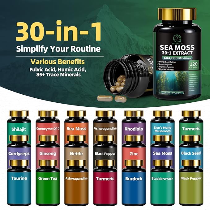 Sea Moss and Shilajit Bundle, All in 1 Supplements with Shilajit 720,000mg, Sea Moss 684,000mg, Coenzyme Q10, Black Seed, Ashwagandha, Burdock for Energy, Antioxidant, Immune Support, 240 Capsules