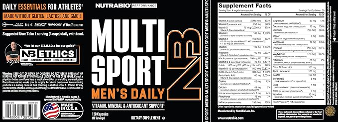 NutraBio Multisport for Men - Mens MultiVitamin - 33 Vitamins, Minerals, Micronutrients - Rich in Antioxidants - Supports Peak Athletic Performance, Energy, Metabolism (120 Vegetable Capsules)