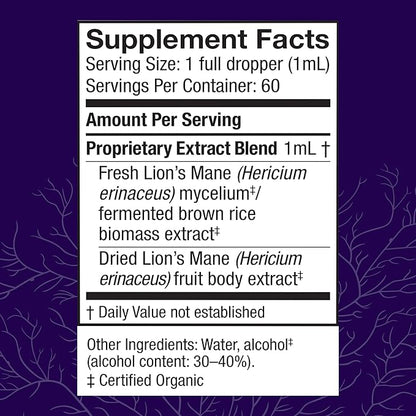 Host Defense Lion's Mane Extract - Brain Health Support Supplement - Mushroom Supplement to Support Focus & Memory Function - Immune & Nervous System Support Supplement - 2 fl oz (60 Servings)*