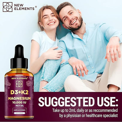 Liquid Vitamin D3 K2 10000IU with Magnesium Glycinate 5mg | VIT D3 K2 Drops for Adults | Mk7 Vitamin K2 100mcg | Vitamin D3 + K2 Supplement for Men & Women | Gluten Free | Non-GMO