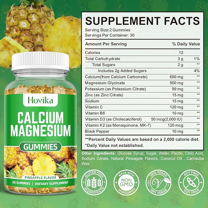 Calcium Magnesium Zinc Gummies with Vitamin D3, C, B6, K2, Potassium - Calcium for Kids & Adults - Magnesium Supplement Calm Gummies for Bone & Muscle & Immune Health, Pineapple Flavor - 60 Count
