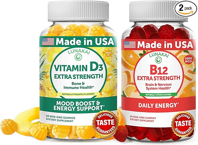 Lunakai Vitamin D3 and Vitamin B12 Gummies Bundle - Immunity, Bone and Mood Support VIT D3 2000IU Supplement - 3000mcg Methylcobalamin High Absorption Energy Gummy - 30 Days Supply