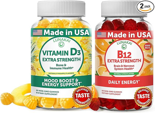 Lunakai Vitamin D3 and Vitamin B12 Gummies Bundle - Immunity, Bone and Mood Support VIT D3 2000IU Supplement - 3000mcg Methylcobalamin High Absorption Energy Gummy - 30 Days Supply