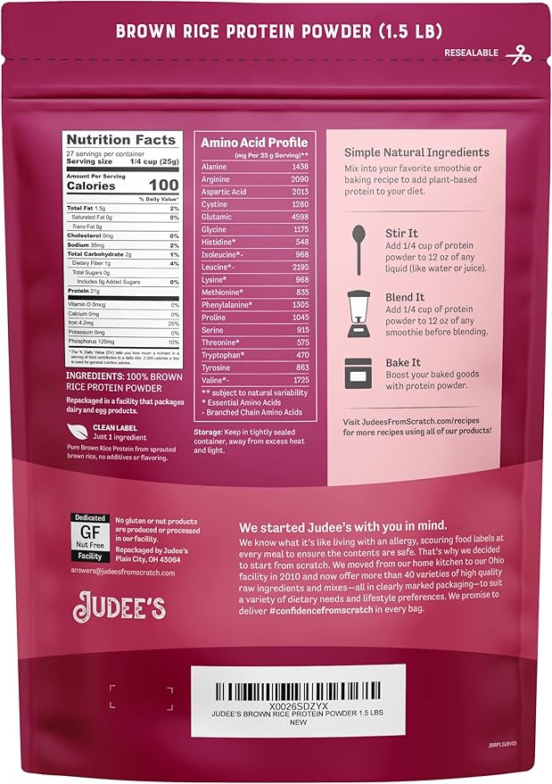 Judee’s Brown Rice Protein Powder (80% Protein) 1.5 lb - 100% Non-GMO and Sprouted - Dairy-Free and Keto-Friendly - Gluten-Free and Soy-Free - Plant-Based Protein