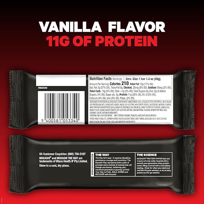 MUSASHI Protein Wafer Bar, 11g Protein, 4g Total Sugars, Vanilla, Post Workout and Protein Snack On The Go, 12 Pack of 1.4oz (40g) Bars