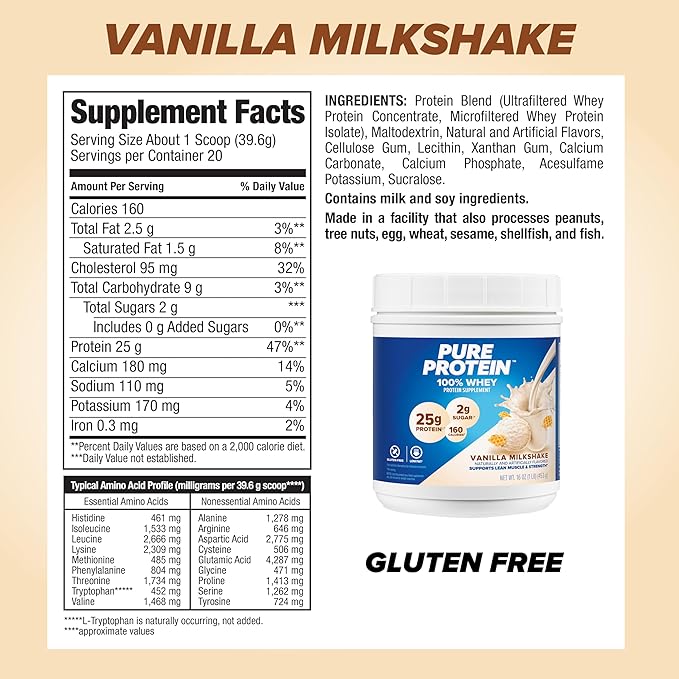 Pure Protein Powder, Whey, High Protein, Low Sugar, Gluten Free, Vanilla Cream, 1 lb