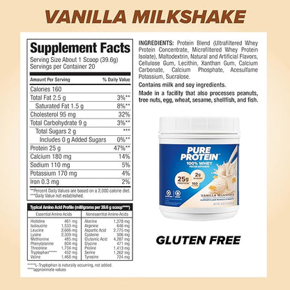 Pure Protein Powder, Whey, High Protein, Low Sugar, Gluten Free, Vanilla Cream, 1 lb