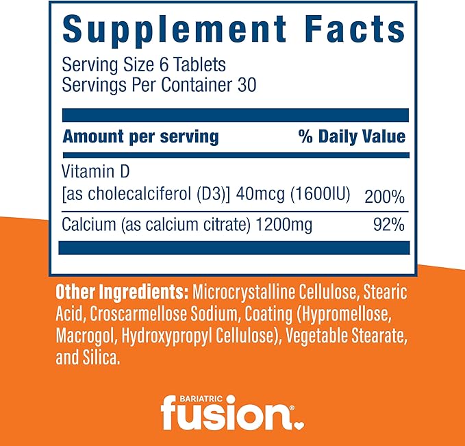 Bariatric Fusion Non Chewable Calcium Citrate with Vitamin D3 Tablet | Easy to Swallow Calcium Supplement | Calcium 1200 mg | 180 Tablets
